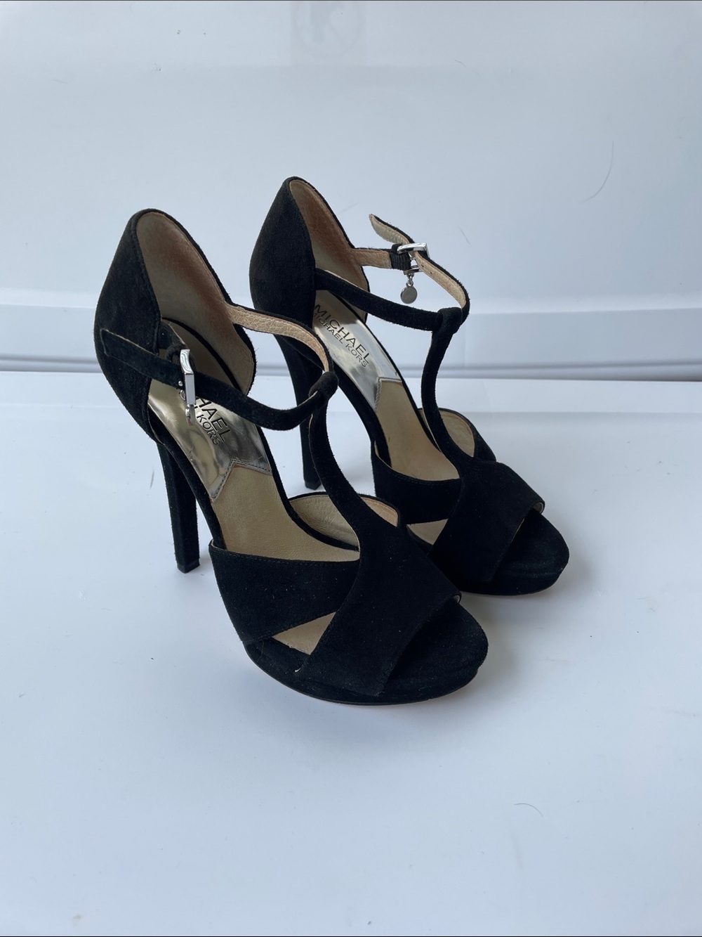 Michael Kors Black Suede T-Strap High Heels with Ankle Buckle